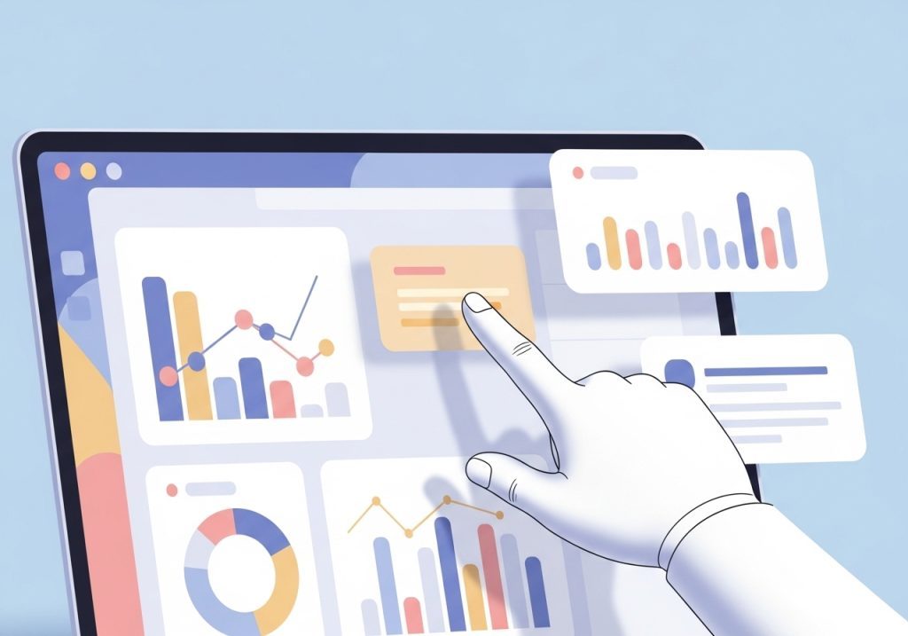 Analyzing client data on a laptop to find patterns for a customer profile.
