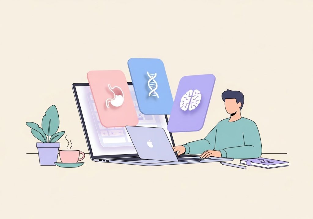 Examples of embeddable health calculator templates for a functional medicine practice, including gut health and hormone balance.