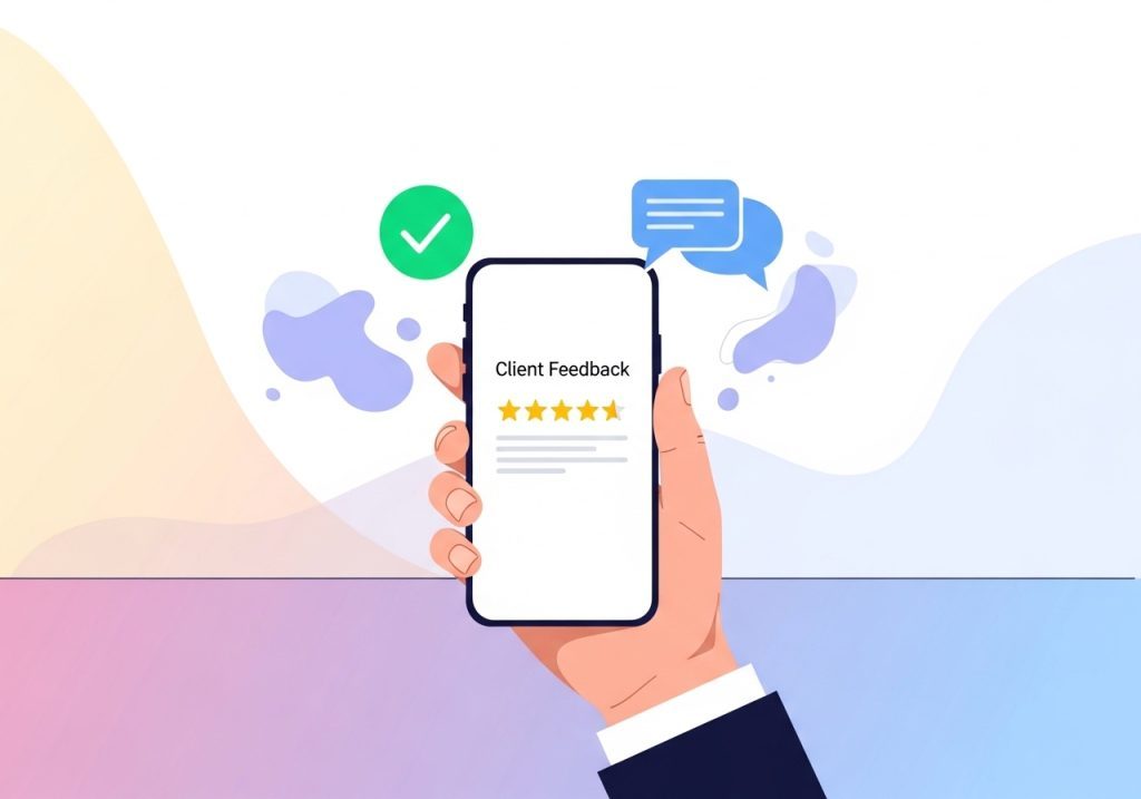 A client providing feedback on a smartphone app, an important part of maintaining good customer relations.
