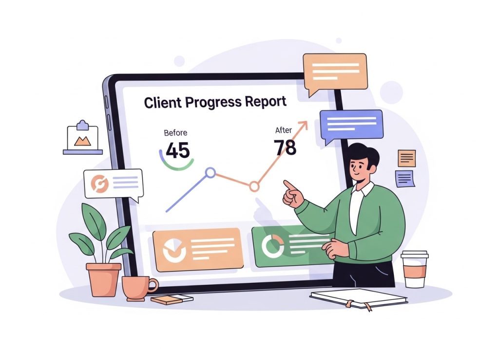 A visual progress report on a tablet demonstrating client improvement over time, a key part of good client relations.