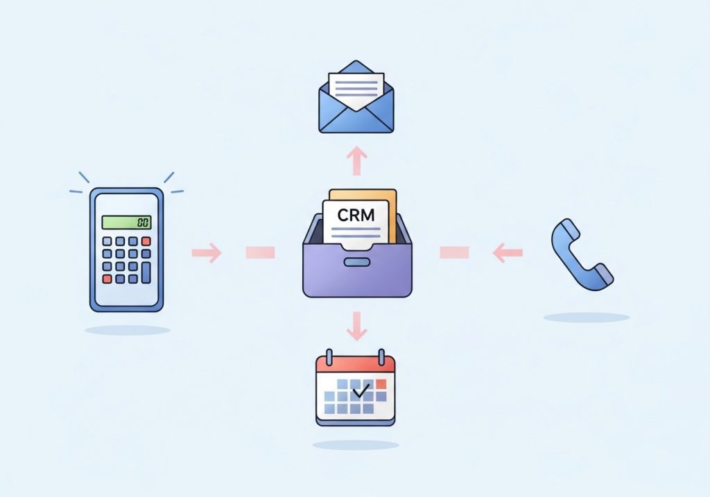 A diagram illustrating how leads from a calculator flow into a CRM system and are nurtured through email and calls.