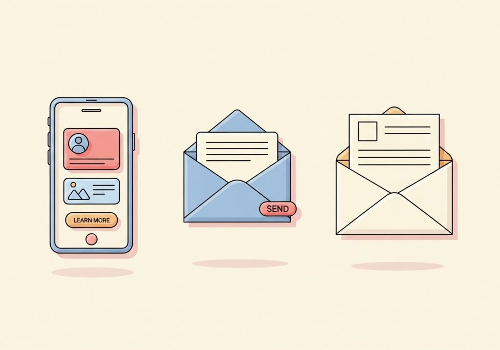 An illustration showing various direct marketing channels like email, social media ads, and a smartphone.