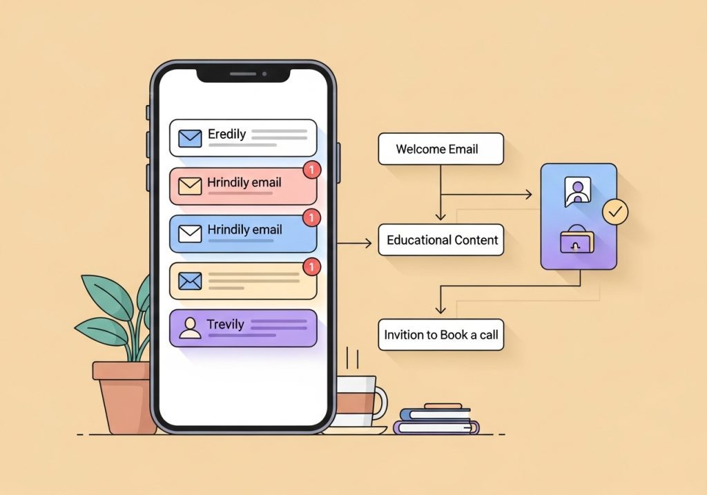 An illustration showing how automated email sequences can nurture leads for a therapy practice.