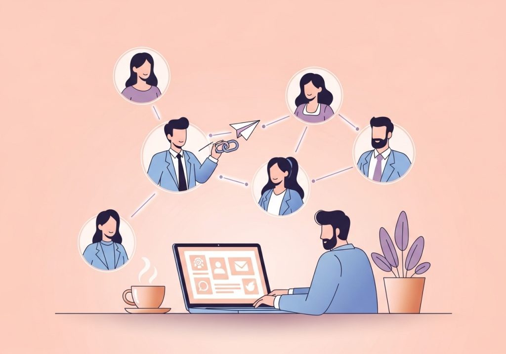 Vector graphic showing a client advocate easily sharing resources with their network, illustrating an effective referral system.