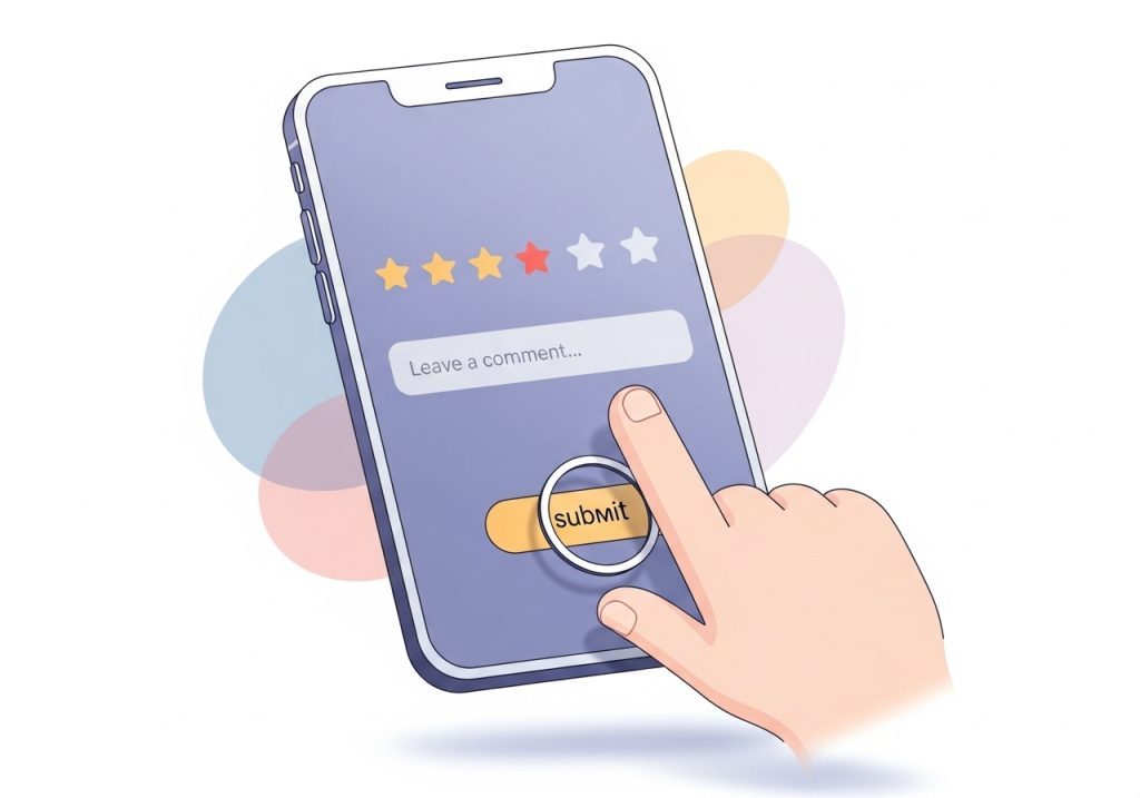 Illustration of a client submitting positive feedback for their health coach on a smartphone, an important part of customer advocacy.