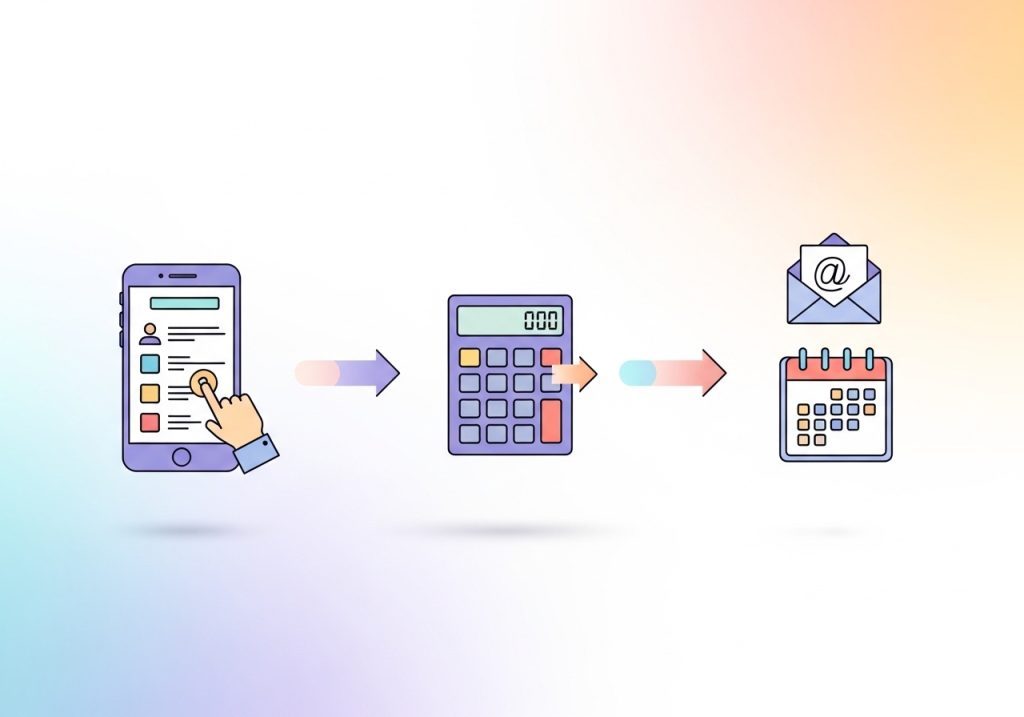 A diagram showing how an online health calculator converts a website visitor into a qualified lead and a booked appointment.