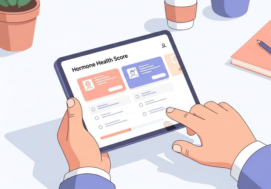 An interactive health score calculator on a tablet, a tool a functional doctor can use to generate leads.