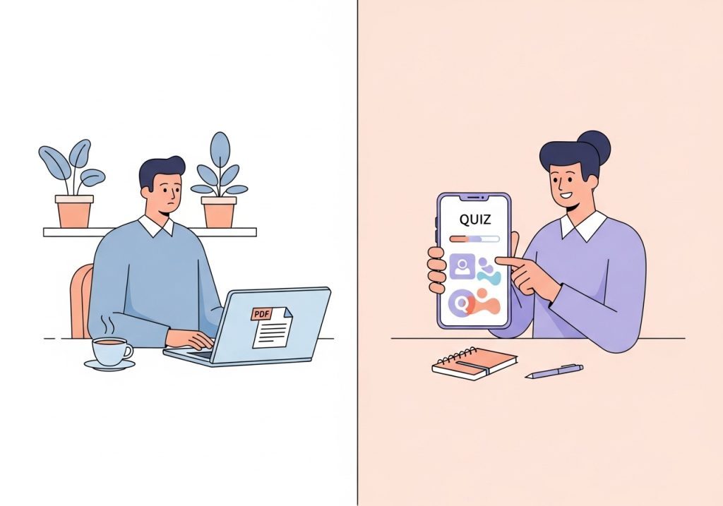 A comparison graphic showing an interactive health score quiz being more engaging than a standard PDF download for lead generation.