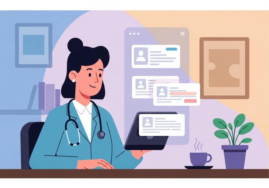 An illustration of a health practitioner identifying client patterns using a digital tool on a tablet.