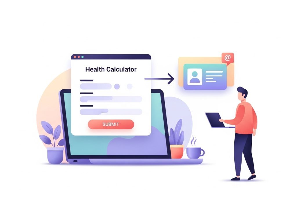 Illustration showing how an interactive calculator on a website generates a new lead for a performance marketing campaign.