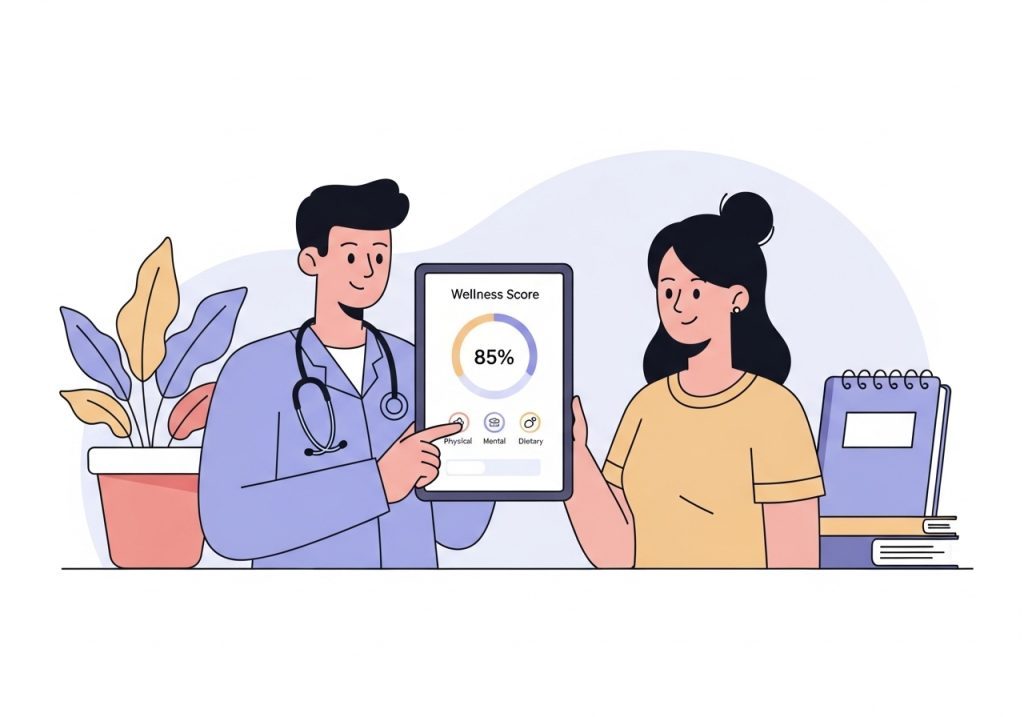 A health professional uses a LeadCalculators interactive tool on a tablet to assess a client's wellness score.