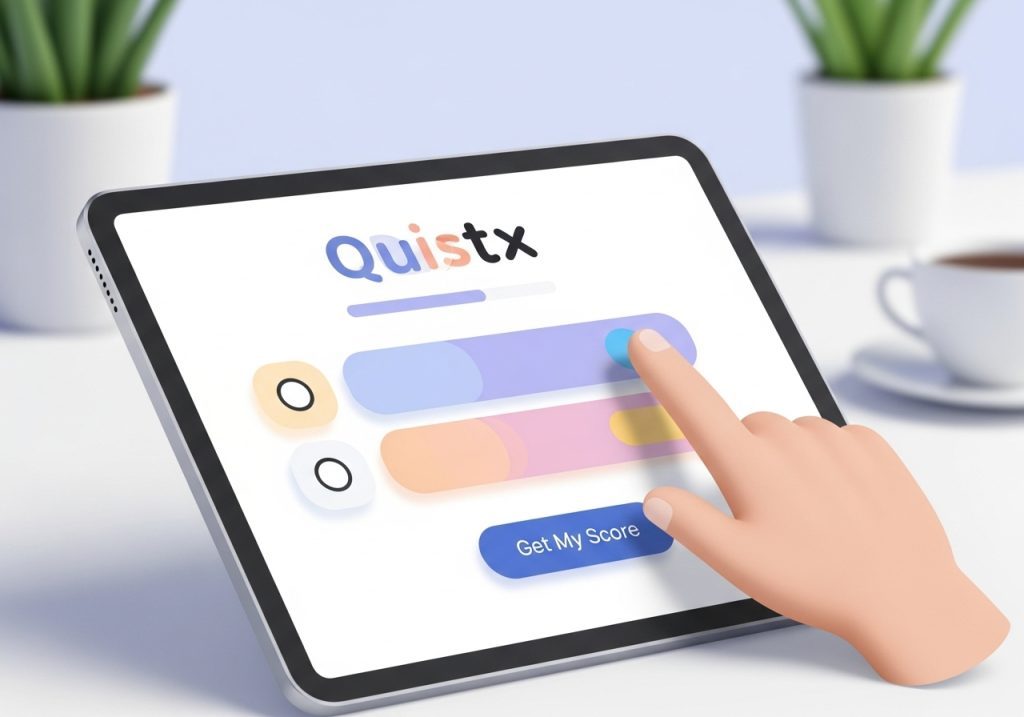 An illustration of a user taking an interactive quiz on a tablet to get a personalized health score, a tool for lead generation.