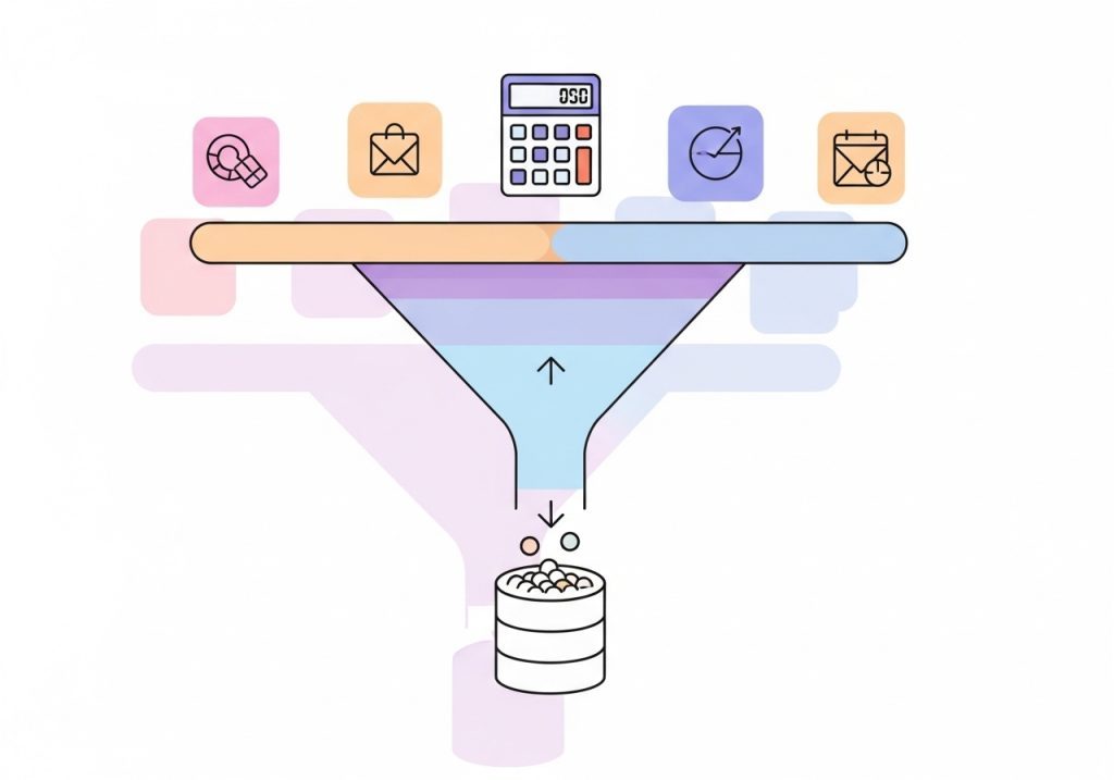 An illustration of a marketing funnel showing how a lead calculator feeds qualified leads into a CRM.