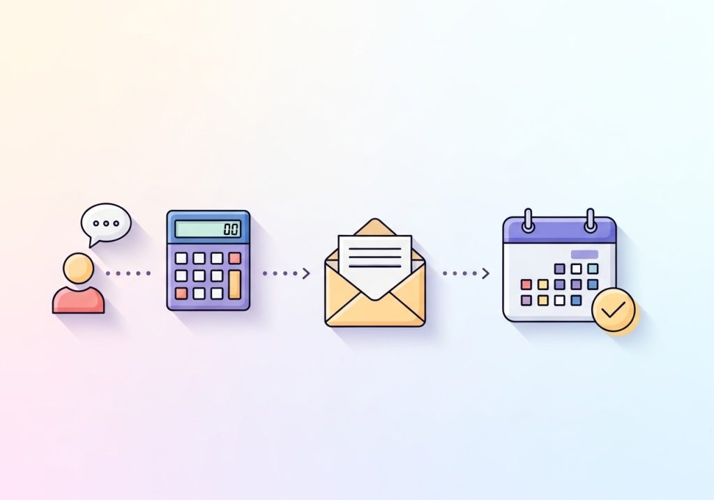 A diagram showing a lead nurturing sequence from a calculator to a booked appointment, a key part of getting more therapy clients.