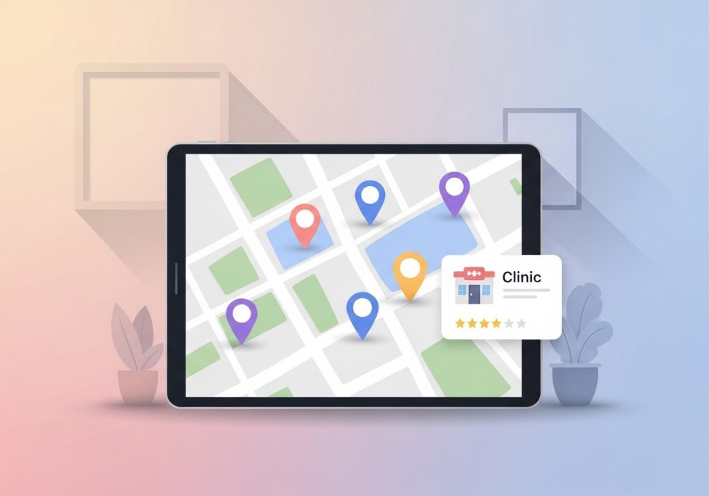 Illustration of a map on a tablet showing how local SEO helps wellness practices attract nearby clients.