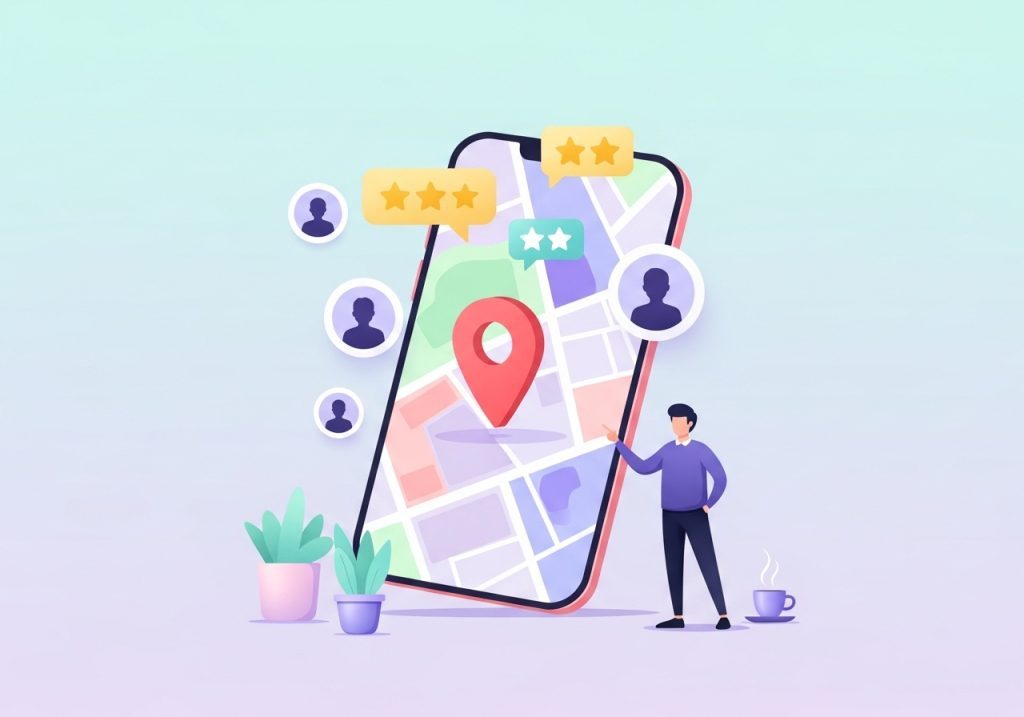 A smartphone screen showing a map with a pinned business location, symbolizing the importance of local SEO for health practices.