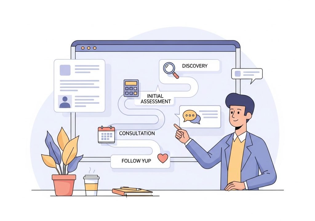 A vector illustration of a practitioner mapping out the patient journey to improve customer relations.