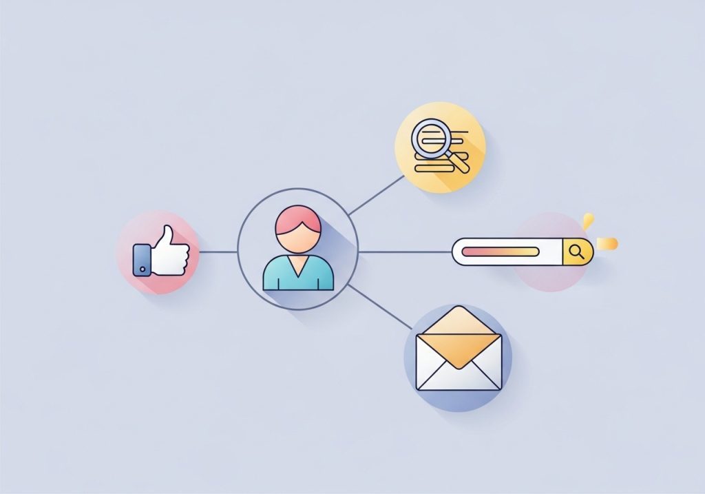 An illustration of different performance marketing channels, like social media and search ads, used by health practices.