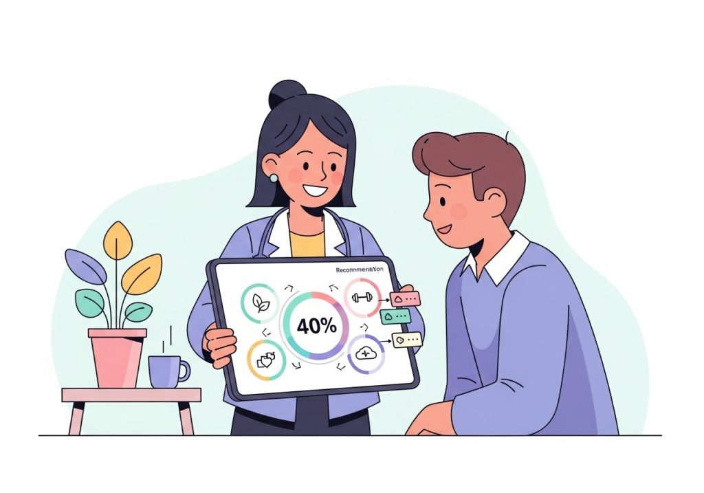 A health coach using an interactive calculator on a tablet to discuss personalized health insights with a client.