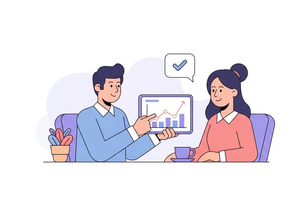 A health practitioner explaining a wellness report from a lead calculator to a client, turning personalized insights into an action plan.