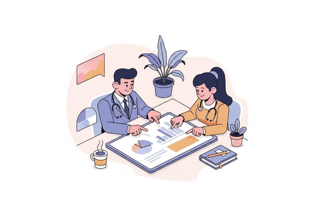 An illustration showing two health practitioners forming a referral network to find new customers.