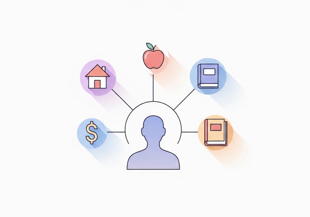 Vector icons representing social determinants of health that contribute to health disparities.