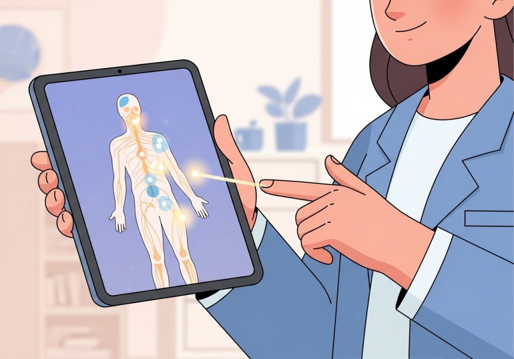 An illustration showing a diagram of the mind-body connection on a tablet, representing the integration of somatic principles in a health practice.