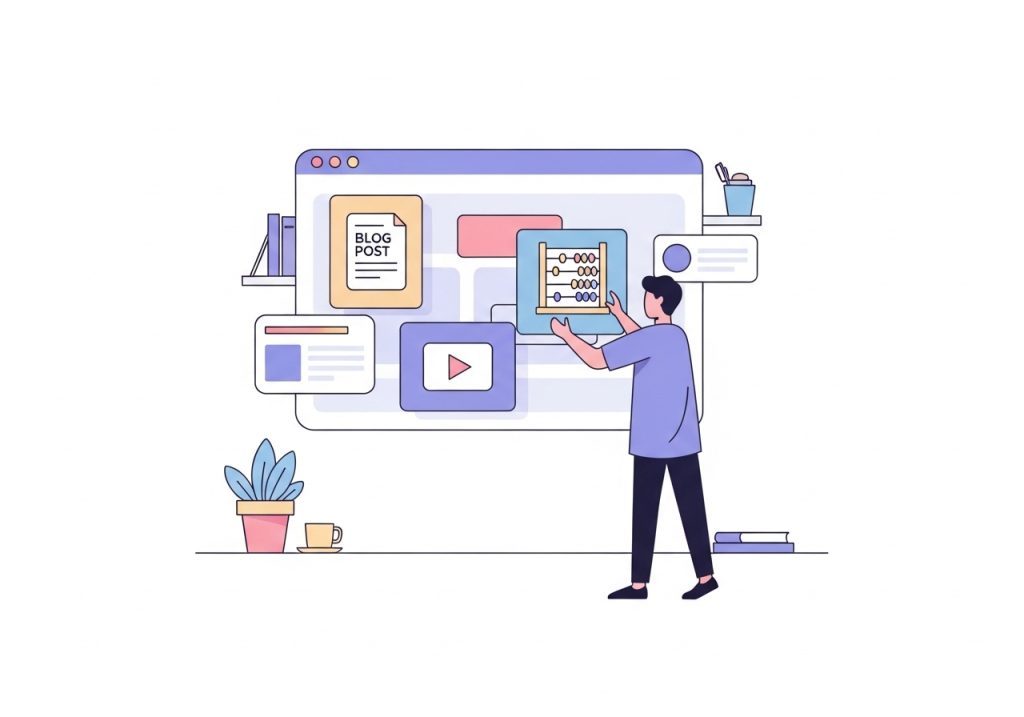 An illustration of a wellness professional creating valuable content as part of their online marketing for therapists.