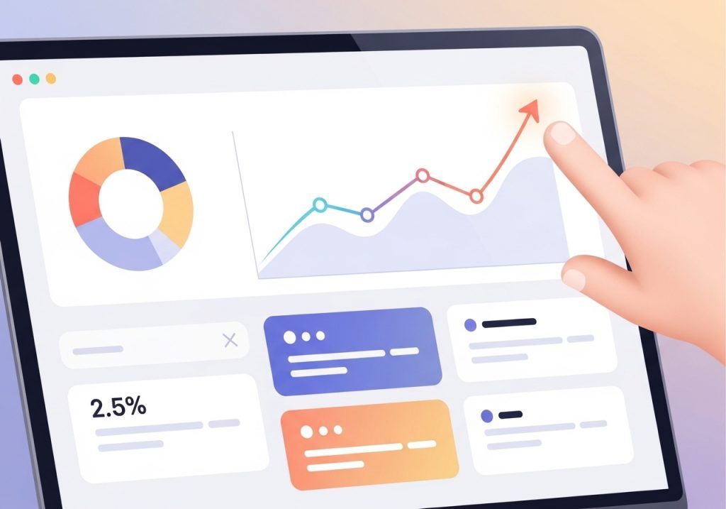 A vector graphic of an analytics dashboard showing positive results from an online marketing strategy.
